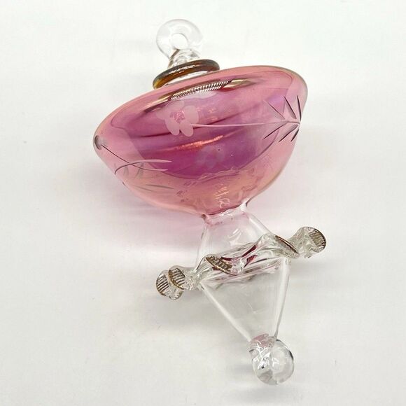 VTG Egyptian Museum Hand Blown Glass Ornament Teardrop 4” Cranberry/Clear Etched - Picture 6 of 12